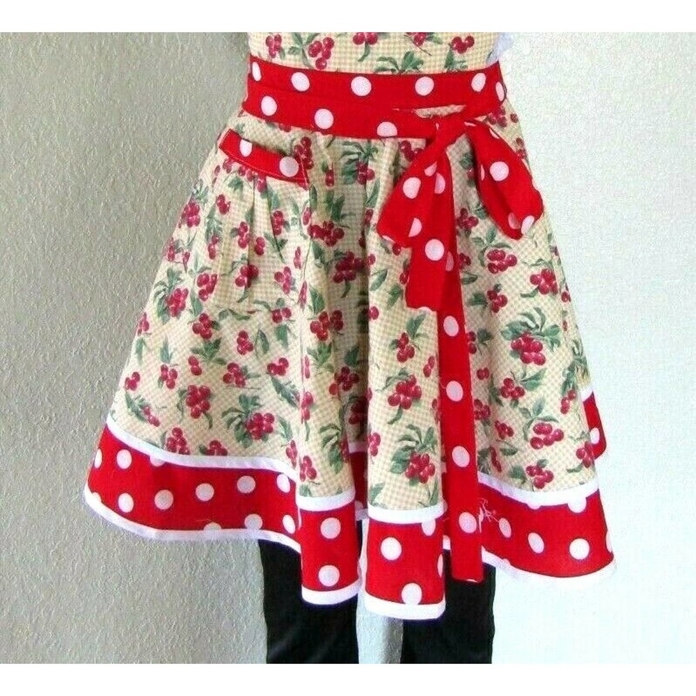 Women's Vintage style BIB APRON Cherries /Polka dots Pattern 1 Pocket - Picture 3 of 5